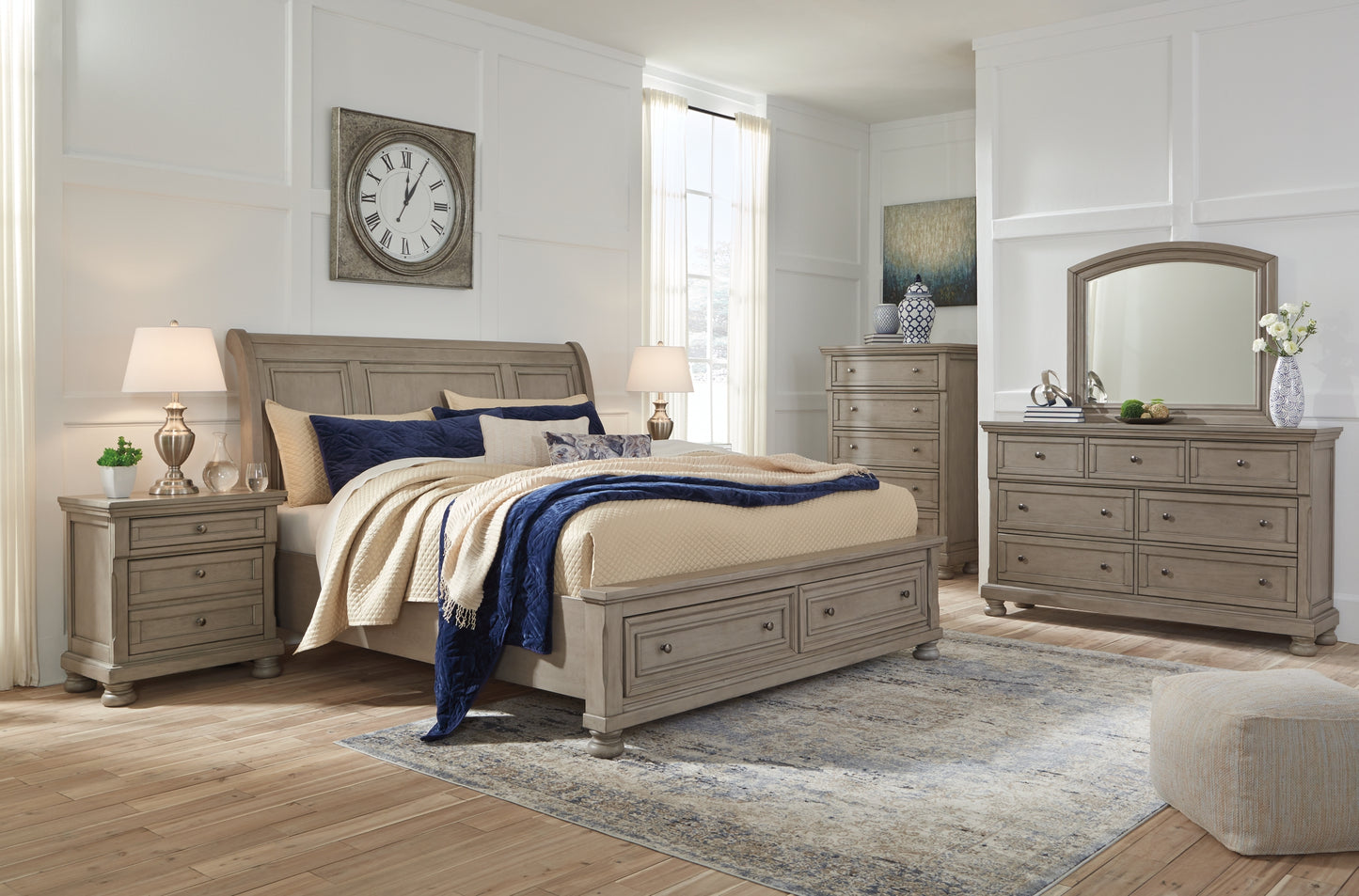 Lettner California King Sleigh Bed with Mirrored Dresser