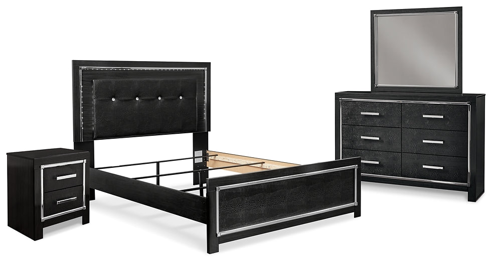 Kaydell Queen Upholstered Panel Bed with Mirrored Dresser and Nightstand