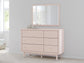 Wistenpine Twin Upholstered Panel Headboard with Mirrored Dresser and Nightstand