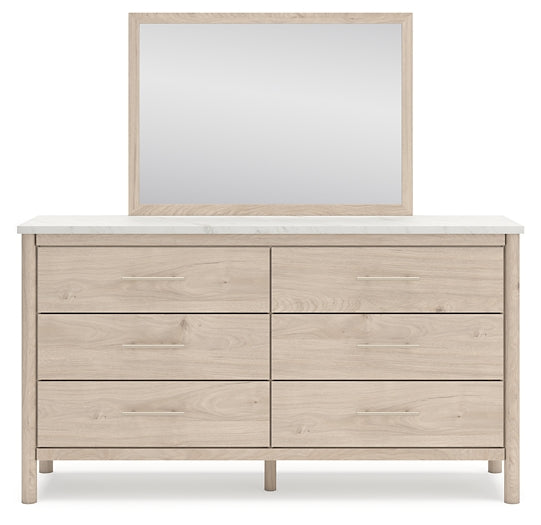 Cadmori Queen Upholstered Panel Bed with Mirrored Dresser and Nightstand