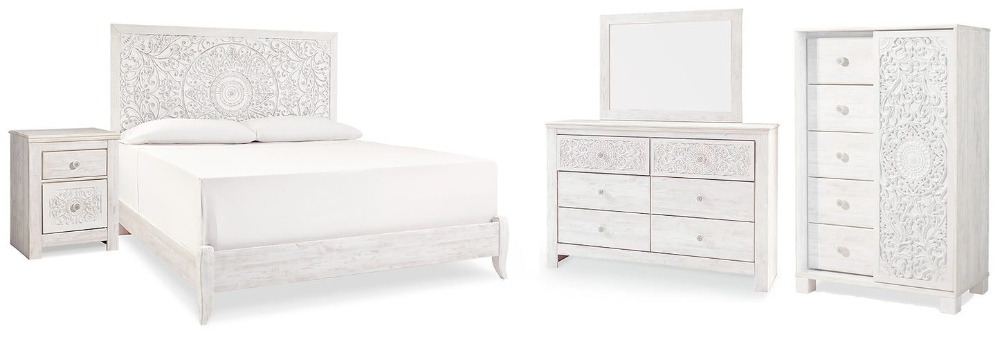 Paxberry King Panel Bed with Mirrored Dresser, Chest and Nightstand