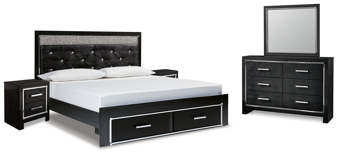 Kaydell King Upholstered Panel Storage Bed with Mirrored Dresser and 2 Nightstands