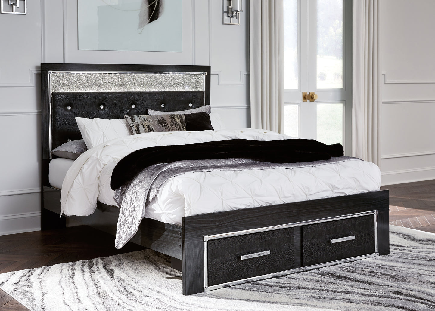 Kaydell Queen Upholstered Panel Storage Bed with Mirrored Dresser and Chest