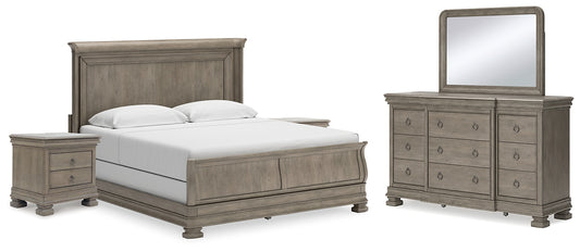 Lexorne King Sleigh Bed with Mirrored Dresser and 2 Nightstands