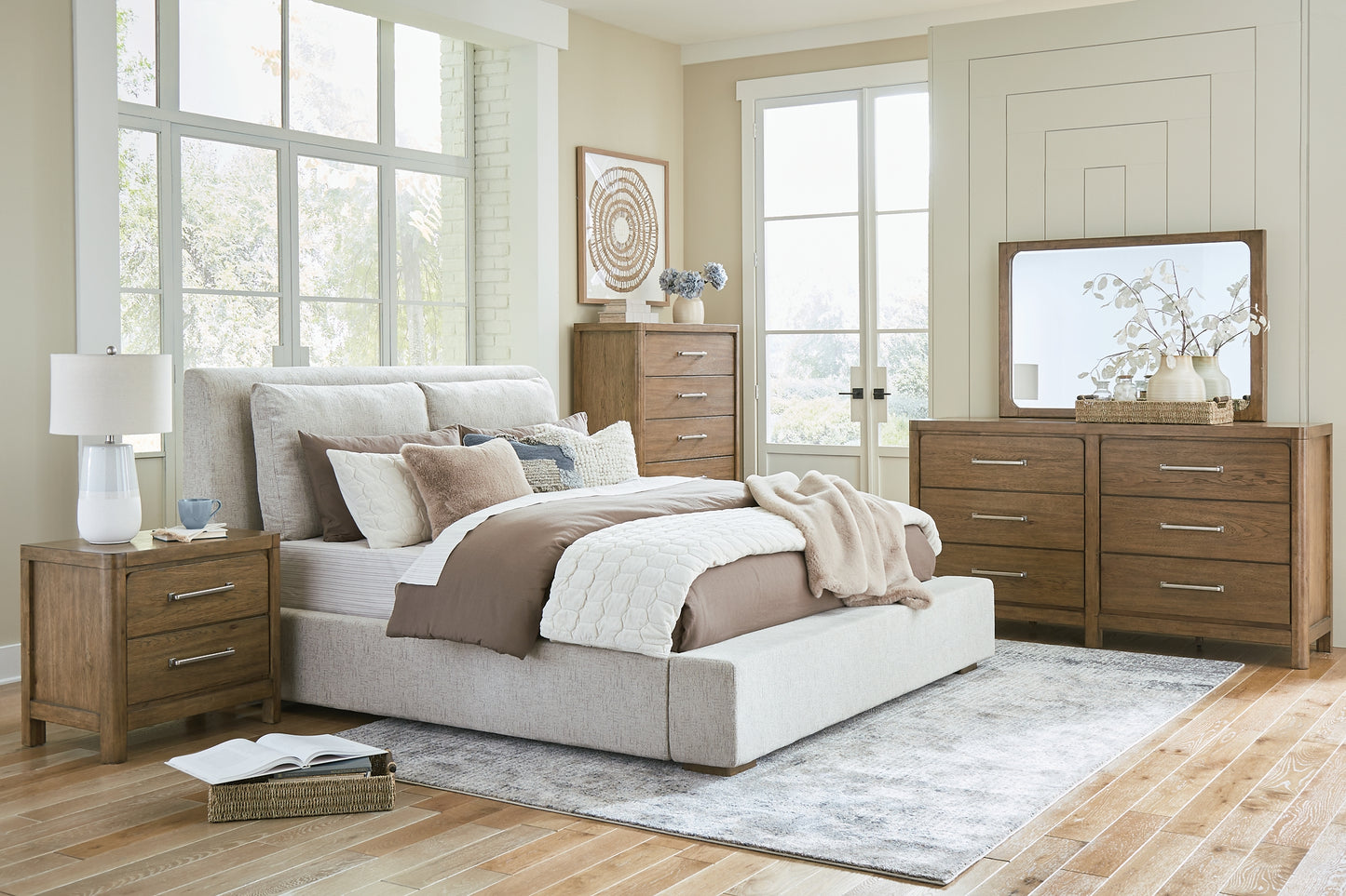 Cabalynn California King Upholstered Bed with Mirrored Dresser, Chest and 2 Nightstands