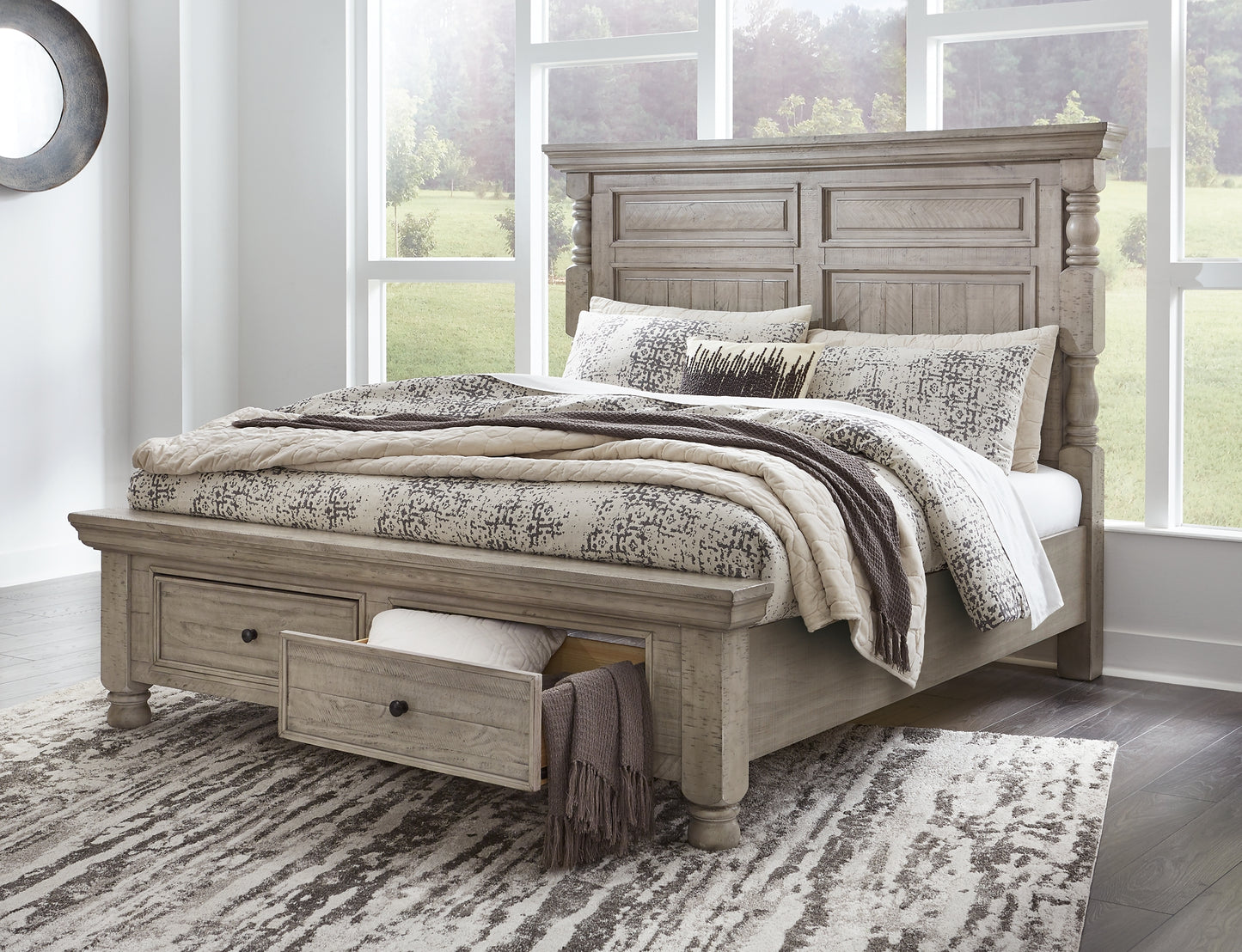 Harrastone Queen Panel Bed with Mirrored Dresser